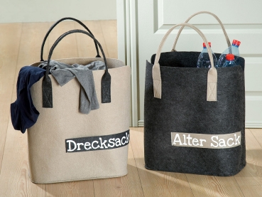Gilde Handwerk Filztasche Alter Sack und  Drecksack grau beige 45cm x 40 cm x 25 cm Wäschesack Wäschetasche