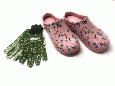 Angro Damen Gartenclogs Rosa Multi Color mit grünen Gartenhandschuhe 2 teiliges Set