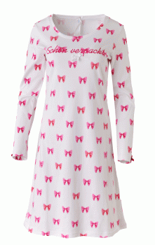 Louis & Louisa Damen Nachthemd Schön verpackt Weiß allover mit Schleifenprint in pink Nachtwäsche