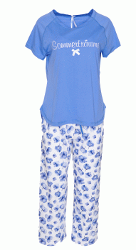 Louis & Louisa Damen Pyjama Sommerträume Caprihose 3/4 Blumenprint blau ollover Schlafanzug Nachtwäsche