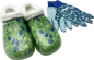 Preview: Angro Damen Clogs grün Oliven mit Kunstfell und passenden Gartenhandschuhen