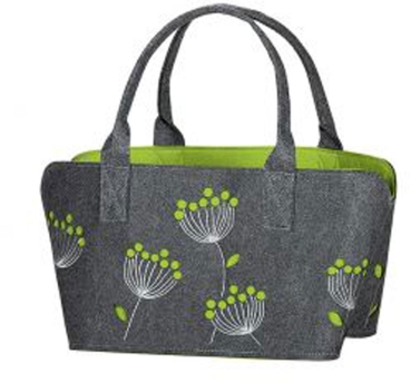 Gilde Filztasche mit Dillblüte bestickt Shopper Einkaufstasche 41cm x 26cm x 28cm dunkelgrau mit grün