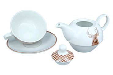 Preview: Gilde Tee-Set Tea for one Hirschbüste kariert Teekanne, Teetasse Untertasse