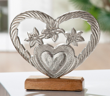 Preview: Gilde Handwerk Alu Herz Edelweiß Mangoholz  Dekofigur