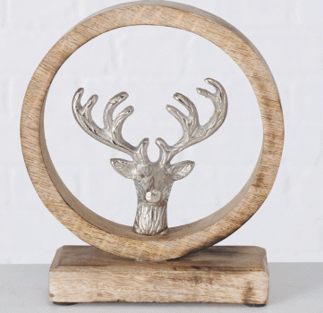 Boltze Dekoaufsteller Kalix 2 teilig Rund  Mangoholz Aluminium Hirsch Höhe 23cm und 18cm