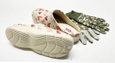 Angro 2er Set Gartenclogs Hühner beige mit Handschuhen Damenclogs superleicht