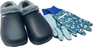 Angro Damen Gartenclogs mit Fell navy mit Gartenhandschuhe 2 teilig