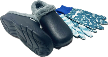 Angro Damen Gartenclogs mit Fell navy mit Gartenhandschuhe 2 teilig