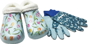 Angro Damen Gartenclogs gefüttert hellblau mit Tulpen mit Gartenhandschuhen 2 teilig