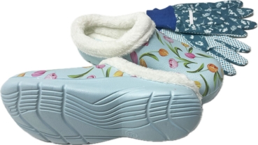 Angro Damen Gartenclogs gefüttert hellblau mit Tulpen mit Gartenhandschuhen 2 teilig