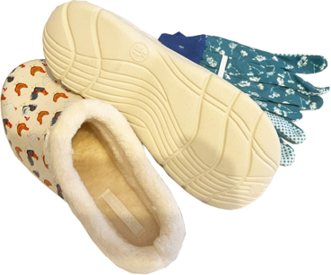 Preview: Angro Garten Damen Gartenclogs Hühner mit Fell mit  Gartenhandschuhen 2 teiliges Set Gartenset