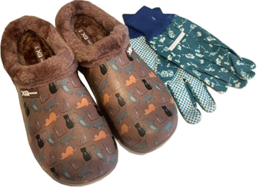 Angro Damen Gartenclogs Katzen mit Fell mit  Gartenhandschuhen 2 teiliges Set Gartenset