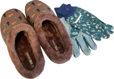 Preview: Angro Damen Gartenclogs Katzen mit Fell mit  Gartenhandschuhen 2 teiliges Set Gartenset