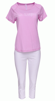 Louis & Louisa Damen Zum Wohlfühlen Pyjama Caprihose 3/4 lang Oberteil rosa/allover Kurzarm