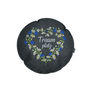 Preview: Filzkissen Wildblumen rund dunkelgrau hellgrau bestickt und Spruch Ø 40 cm H 5cm