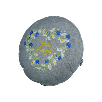 Filzkissen Wildblumen rund dunkelgrau hellgrau bestickt und Spruch Ø 40 cm H 5cm