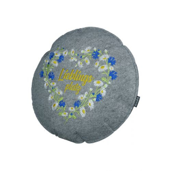 Filzkissen Wildblumen rund dunkelgrau hellgrau bestickt und Spruch Ø 40 cm H 5cm