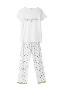 Louis & Louisa Pyjama Basic Einfach glücklich weiß allover Schlafanzug Hose ohne Bündchen mit Rüsche