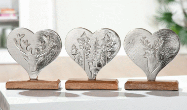 Gilde Alu Herz Forest 3 er Set Mangoholz  22,5 x 22,5 x 5 cm Dekoration