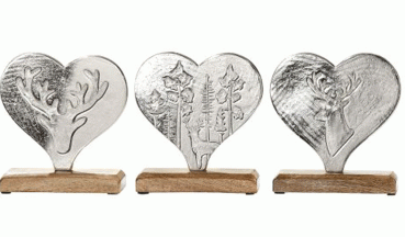 Preview: Gilde Alu Herz Forest 3 er Set Mangoholz  22,5 x 22,5 x 5 cm Dekoration