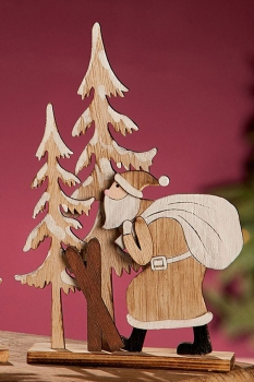 Gilde 2er Santa im Wald" auf Holzbase naturfarben/weiß mit Glitzer