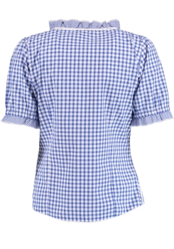 Orbis Trachtenbluse 1/2 Arm blau kariert mit Rüsche und Spitzenborte