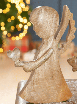 Gilde Holz 2 er Set Engel Herzlich Holz  mit Herz in Hand H 17cm x 12cm x 2,5cm Weihnachtsdeko Dekoration