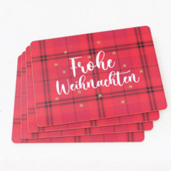Boltze Tischset 4 er Set 30x40cm mit Spruch Frohe Weihnachten mit Korkunterseite Platzsets rot abschwaschbar MDF