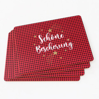 Boltze Tischset 4 er Set 30x40cm mit Spruch Schöne Bescherung mit Korkunterseite Platzsets rot  abschwaschbar MDF