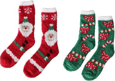 Boltze Home Collection Kuschelsocken 2er Set rot und grün Zuckerstange Weihnachtsmann in einer Kugel verpackt