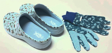 Preview: Damen Gartenclogs Safari blau mit passenden Gartenhandschuhen 2 teiliges Gartenset