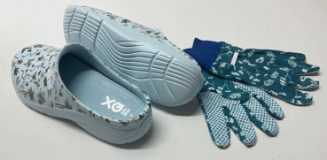 Preview: Damen Gartenclogs Safari blau mit passenden Gartenhandschuhen 2 teiliges Gartenset