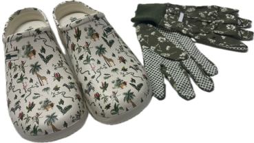 Damen Gartenclogs Safari creme mit passenden Gartenhandschuhen 2 teiliges Gartenset