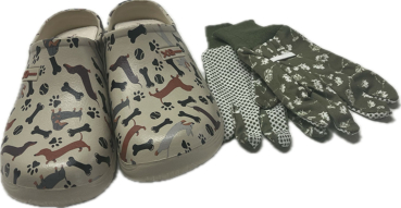 Damen Gartenclogs Dackel mit passenden Gartenhandschuhen 2 teiliges Gartenset
