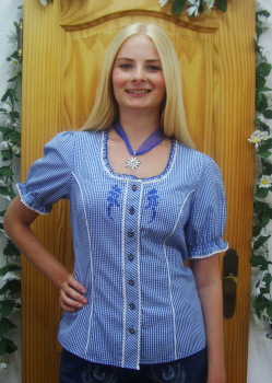 Preview: Kleinkarierte blau weiße Bluse Egave mit Puffarm