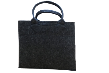 Filztasche dunkelgrau mit blau kariertem Herz und Henkel