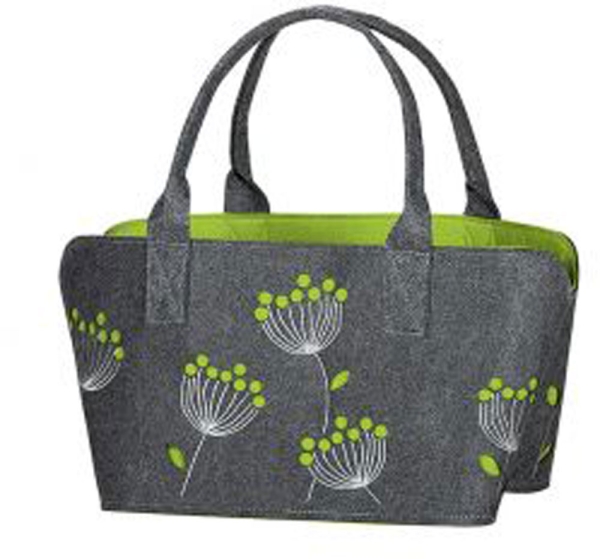 Gilde Filztasche mit Dillblüte bestickt Shopper Einkaufstasche 41cm x 26cm x 28cm dunkelgrau mit grün