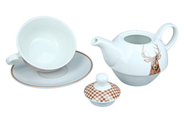 Gilde Tee-Set Tea for one Hirschbüste kariert Teekanne, Teetasse Untertasse