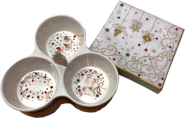 Dippschalen Sterne Christmas aus Porzellan mit Bambustablett 3 Stück  20,5 x 17 cm