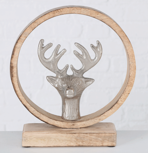 Boltze Dekoaufsteller Kalix 2 teilig Rund  Mangoholz Aluminium Hirsch Höhe 23cm und 18cm