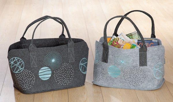 Gilde Fillztasche Shopping Tasche Universe detailliert bestickt hellgrau und dunkelgrau Shoppertasche 40x26x25cm