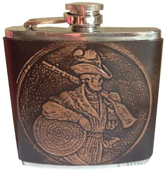 Sima Flachmann Edelstahl Lederbezug Jägermotiv 5oz mit Schraubverschluß