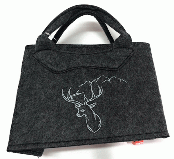 Witzgall Filztasche dunkelgrau Hirschkopf Berge silber  29cm x 15 cm Filztasche klein Henkeltasche