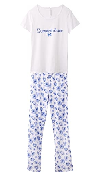 Louis & Louisa Damen Pyjama Sommerträume weiß allover Basic Nachtwäsche Hose ohne Bündchen