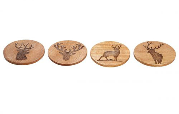 Gilde Handwerk Untersetzer Mangoholz Ø 10 cm 4er Set verschiedene Hirschmotive