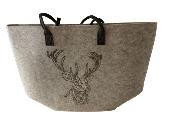 Filztasche Renate hellgrau Hirschkopf Glitzersteine 42x66x70cm