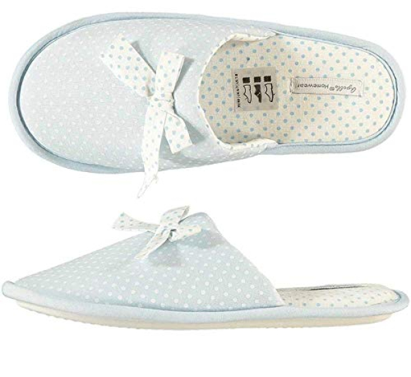 Damen Pantoffel Wellness Slipper Hausschuhe blau gepunktet mit Schleife