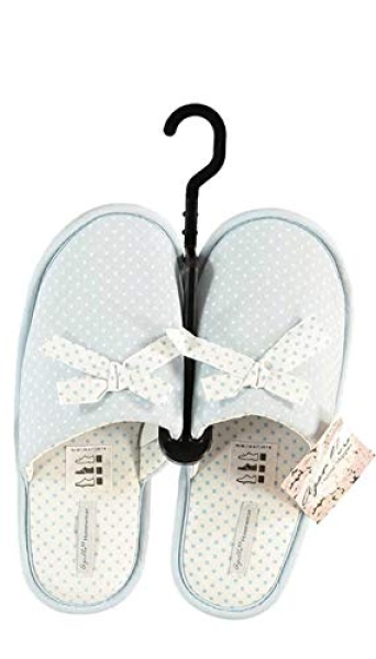 Damen Pantoffel Wellness Slipper Hausschuhe blau gepunktet mit Schleife