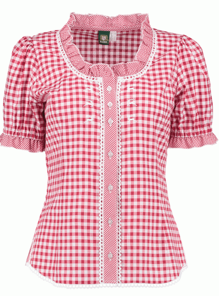 Orbis Trachtenbluse 1/2 Arm rot kariert mit Rüsche und Spitzenborte