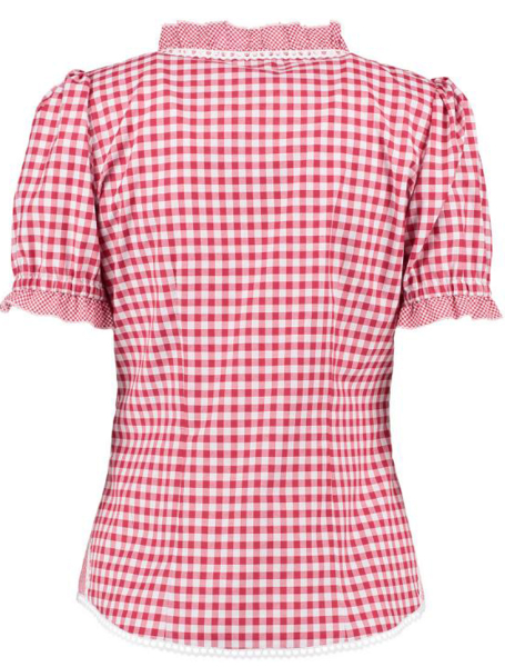 Orbis Trachtenbluse 1/2 Arm rot kariert mit Rüsche und Spitzenborte